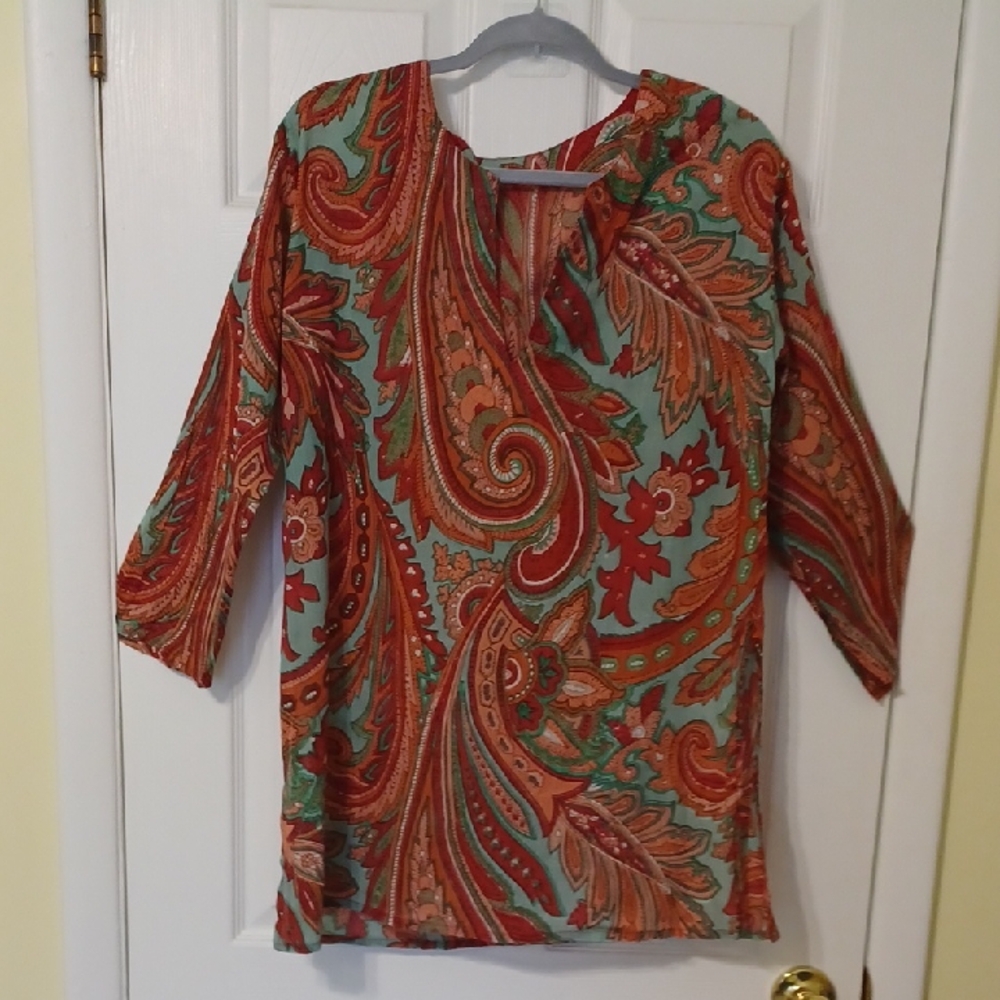 Made In India Sz S, Paisley Split-Neck Tunic Top in Teal, Mauve and Burgundy